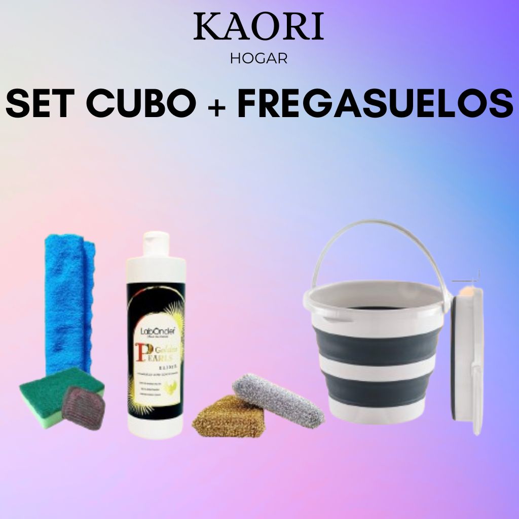 SET CUBO PLEGABLE + FREGASUELOS + BAYETA + ESTROPAJO + JABONOSO + ANTIRRAYADURAS