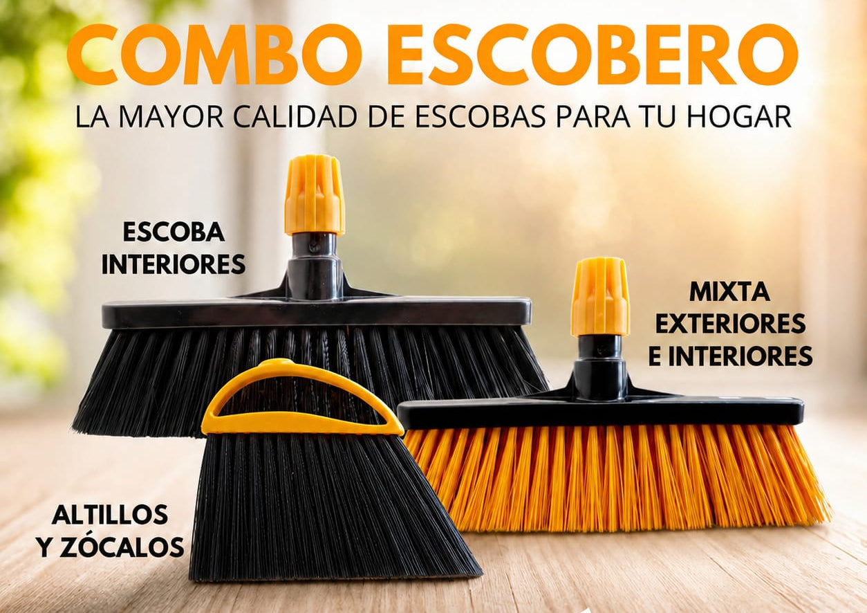 COMBO ESCOBERO: 1 ESCOBA INTERIOR + 1 ESCOBA MIXTA + 1 ESCOBILLA ZÓCALOS