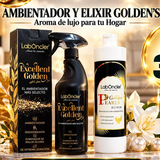 GOLDEN SET - LIMPIEZA AROMÁTICA: FREGASUELOS ELIXIR GOLDEN PEARLS + AMBIENTADOR EXCELLENT GOLDEN