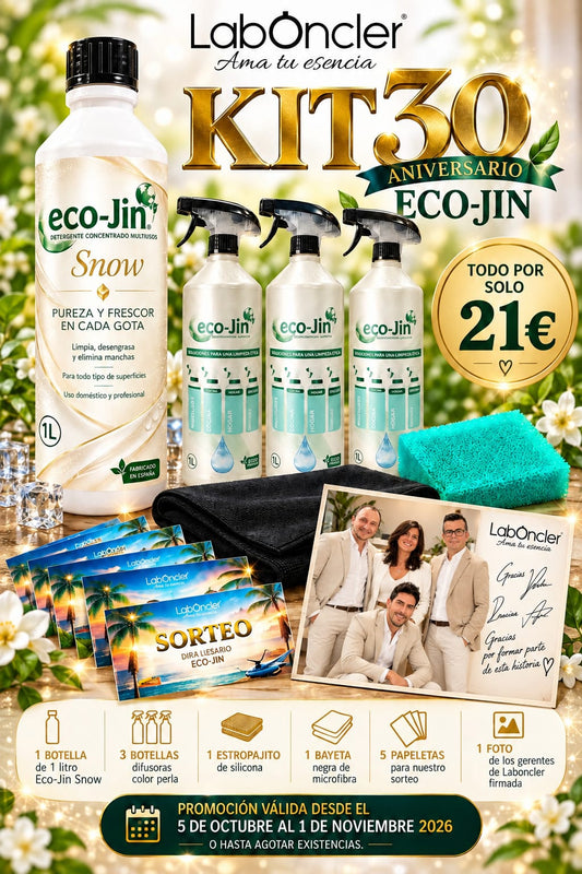 KIT 30 ANIVERSARIO: ECO-JIN SNOW 1L + 3 DIFUSORES + 1 ESTROPAJO SILICONA + 1 BAYETA MICROFIBRA