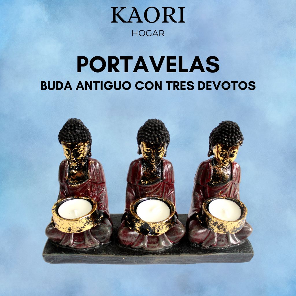 BUDA ANTIGUO CON TRES DEVOTOS - PORTAVELAS DE SERENIDAD Y EQUILIBRIO