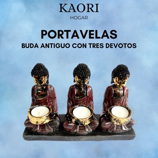 BUDA ANTIGUO CON TRES DEVOTOS - PORTAVELAS DE SERENIDAD Y EQUILIBRIO