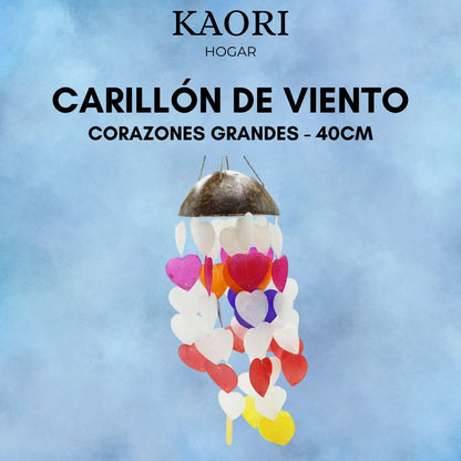 CARILLÓN DE VIENTO DE COCO Y CAPIZ - CORAZONES GRANDES - 40CM
