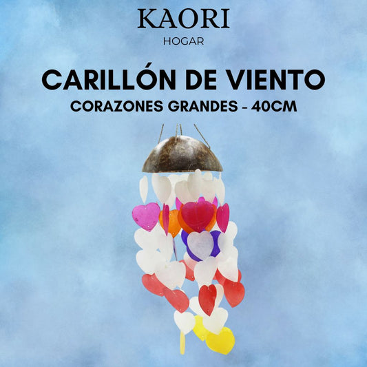 CARILLÓN DE VIENTO DE COCO Y CAPIZ - CORAZONES GRANDES - 40CM
