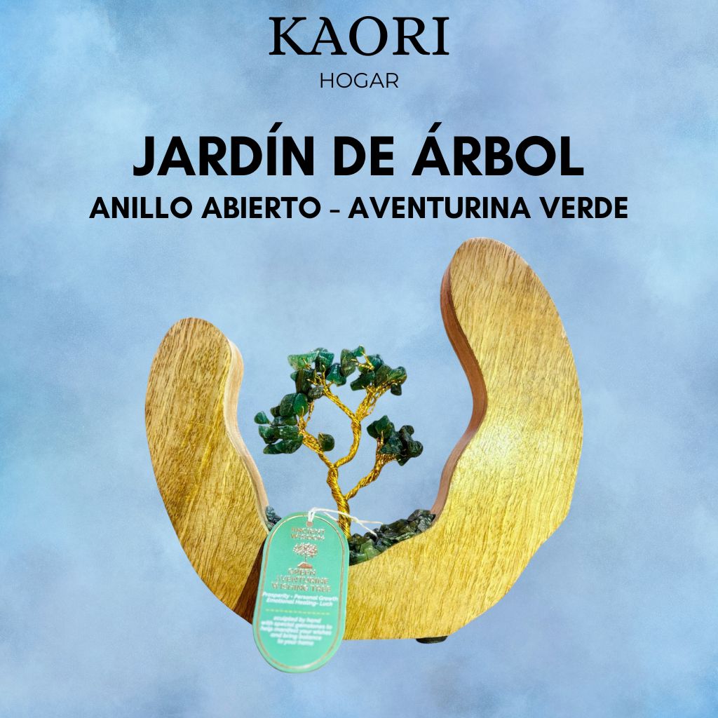JARDÍN DE PIEDRAS PRECIOSAS - ANILLO ABIERTO DE MADERA DE MANGO - AVENTURINA VERDE - 60 PIEDRAS