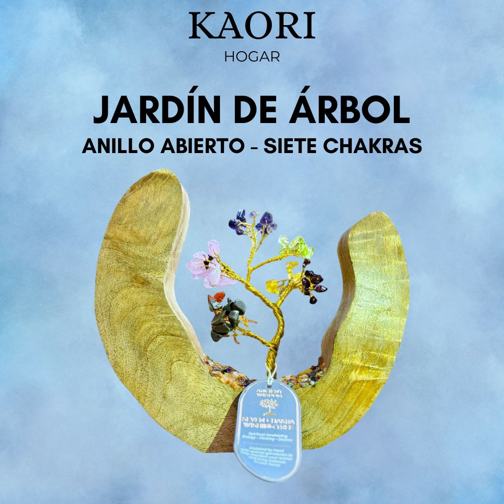 JARDÍN DE PIEDRAS PRECIOSAS - ANILLO ABIERTO DE MADERA DE MANGO - SIETE CHAKRAS - 60 PIEDRAS