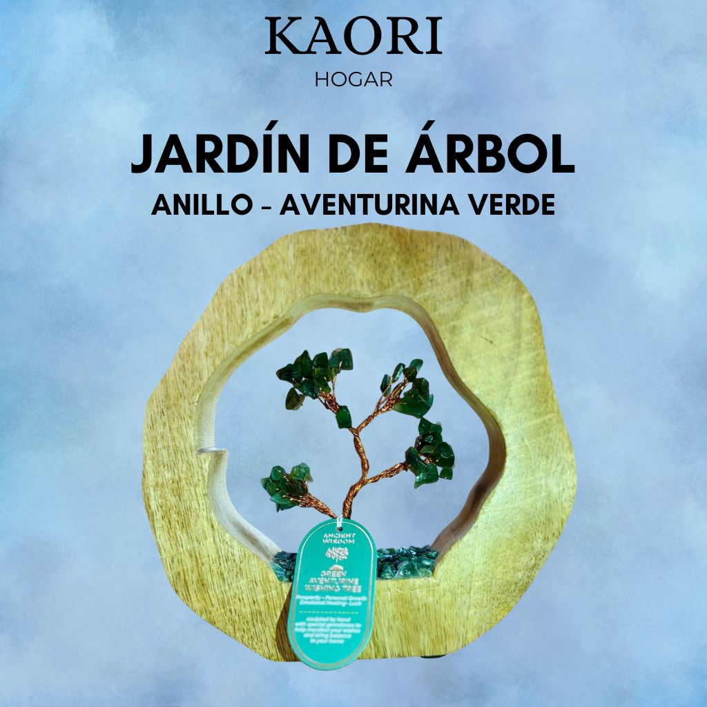 JARDÍN DE PIEDRAS PRECIOSAS - ANILLO DE MADERA DE MANGO - AVENTURINA VERDE - 60 PIEDRAS