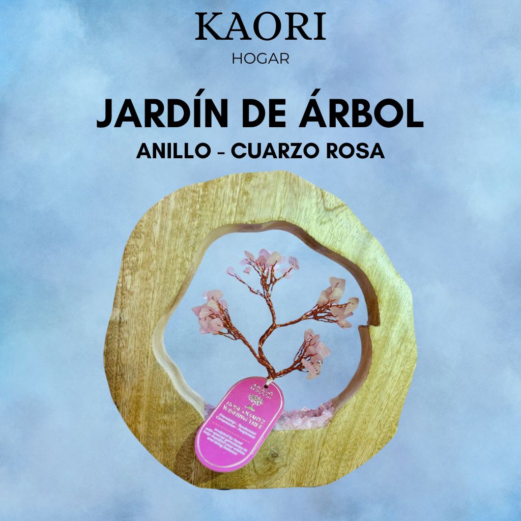 JARDÍN DE PIEDRAS PRECIOSAS - ANILLO DE MADERA DE MANGO - CUARZO ROSA - 60 PIEDRAS