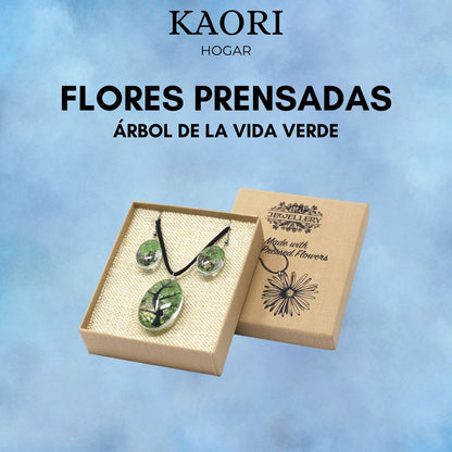 PENDIENTES Y COLLAR DE FLORES PRENSADAS - ÁRBOL DE LA VIDA VERDE