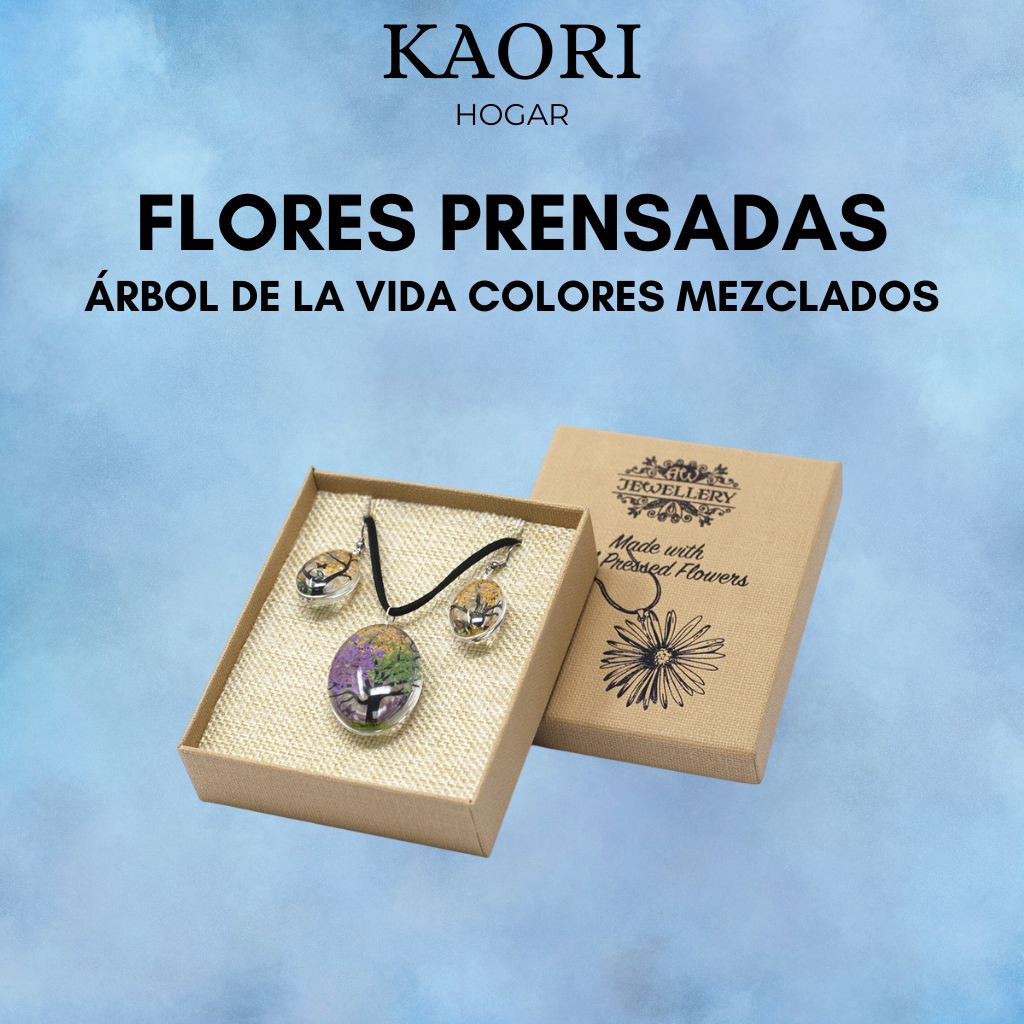 PENDIENTES Y COLLAR DE FLORES PRENSADAS - ÁRBOL DE LA VIDA COLORES MEZCLADOS