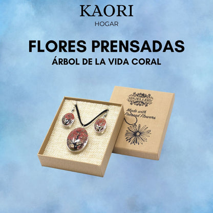 PENDIENTES Y COLLAR DE FLORES PRENSADAS - ÁRBOL DE LA VIDA CORAL
