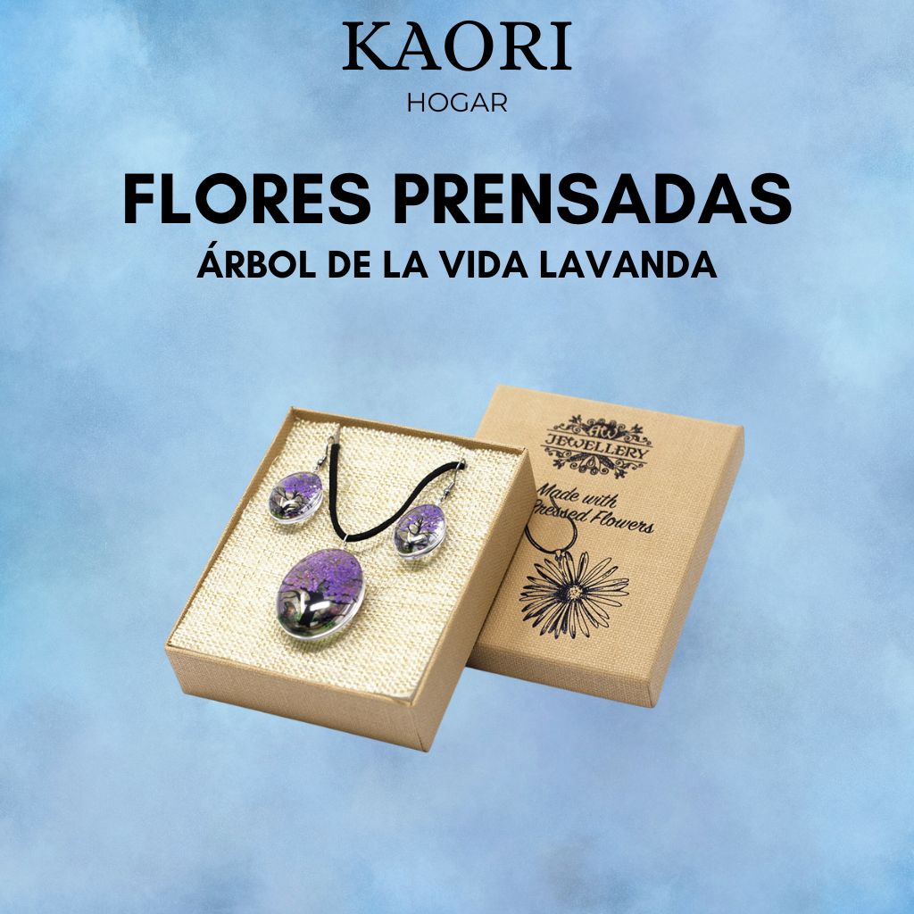 PENDIENTES Y COLLAR DE FLORES PRENSADAS - ÁRBOL DE LA VIDA LAVANDA