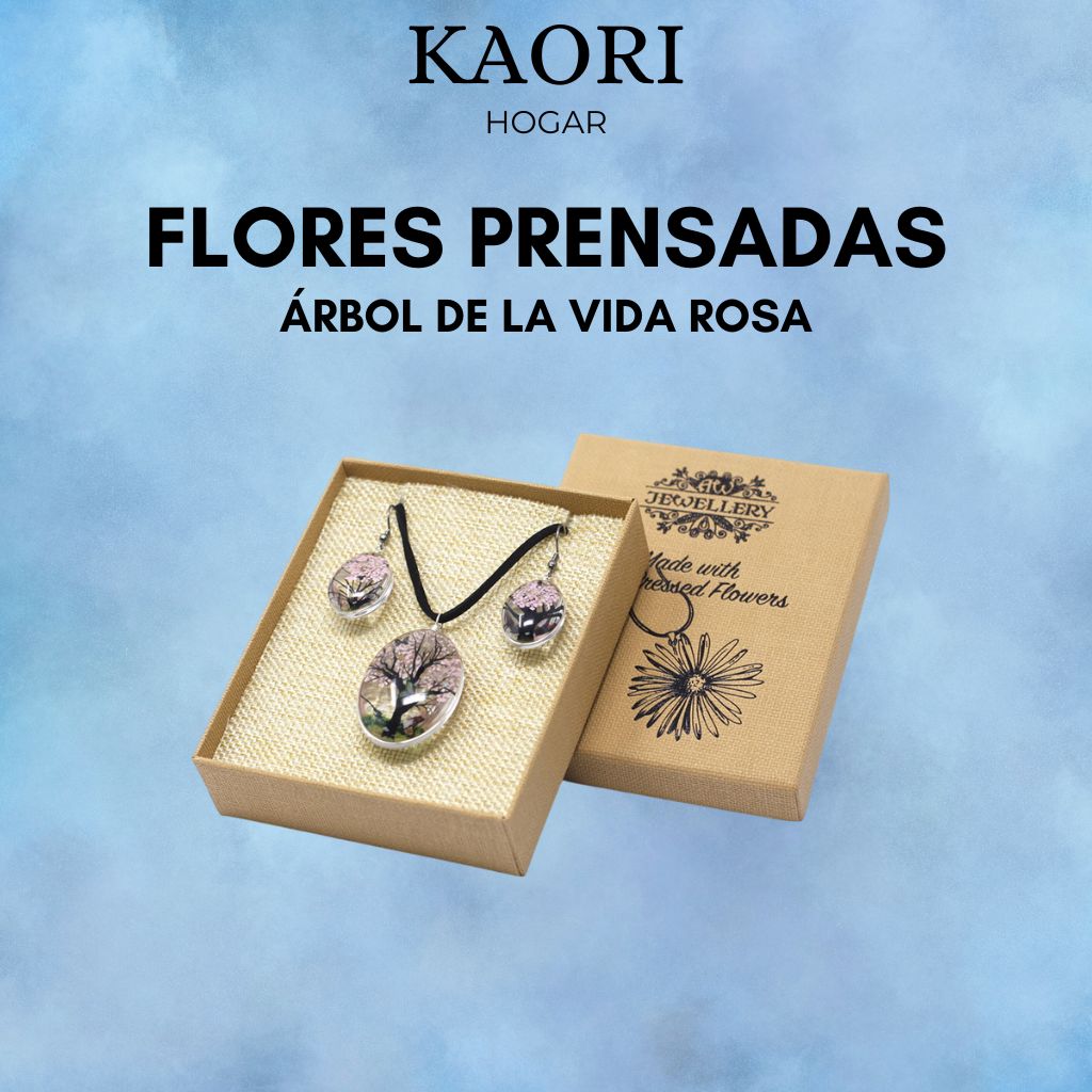 PENDIENTES Y COLLAR DE FLORES PRENSADAS - ÁRBOL DE LA VIDA ROSA