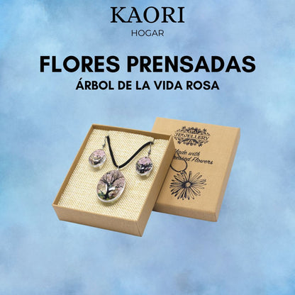 PENDIENTES Y COLLAR DE FLORES PRENSADAS - ÁRBOL DE LA VIDA ROSA