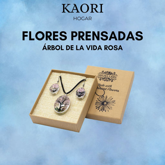 PENDIENTES Y COLLAR DE FLORES PRENSADAS - ÁRBOL DE LA VIDA ROSA