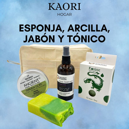 PACK DE CUIDADO FACIAL: ESPONJA KONJAC, ARCILLA, JABÓN NATURAL Y TÓNICO