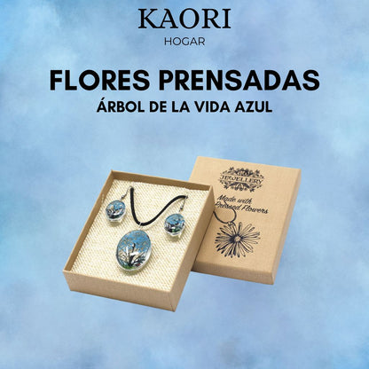 PENDIENTES Y COLLAR DE FLORES PRENSADAS - ÁRBOL DE LA VIDA AZUL