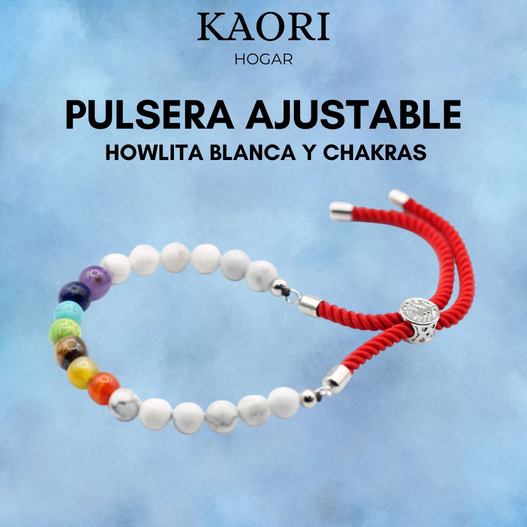 PULSERA AJUSTABLE DE HILO - HOWLITA BLANCA Y CHAKRAS
