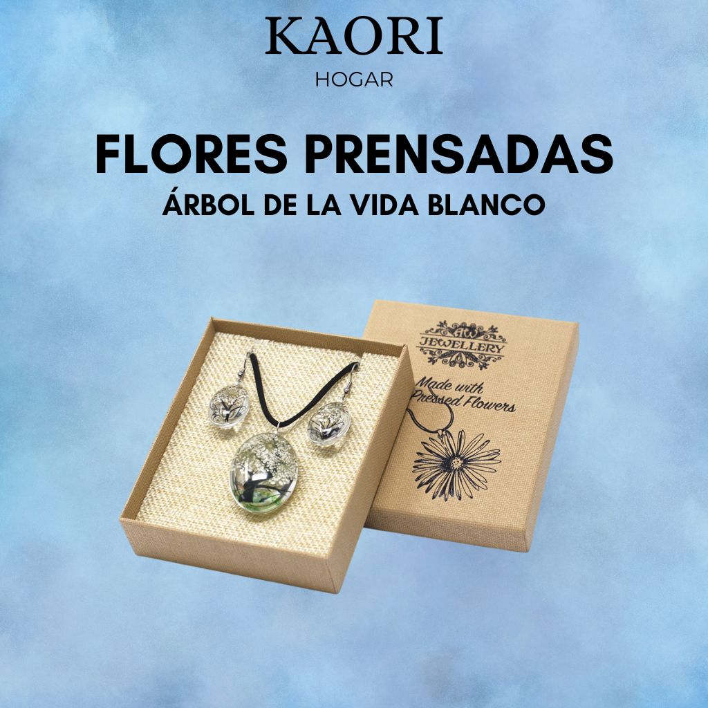 PENDIENTES Y COLLAR DE FLORES PRENSADAS - ÁRBOL DE LA VIDA BLANCO
