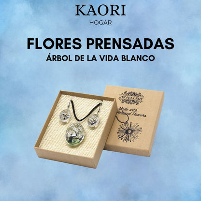 PENDIENTES Y COLLAR DE FLORES PRENSADAS - ÁRBOL DE LA VIDA BLANCO