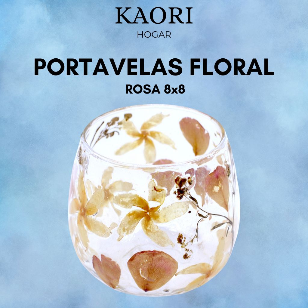 PORTAVELAS FLORAL DE VIDRIO - ROSA - (8x8cm)