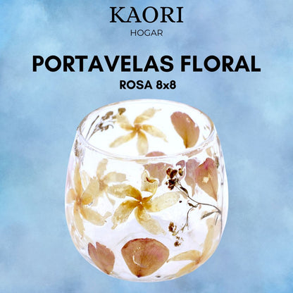PORTAVELAS FLORAL DE VIDRIO - ROSA - (8x8cm)