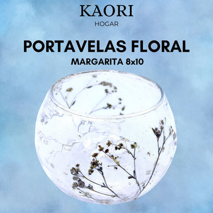 PORTAVELAS FLORAL DE VIDRIO - MARGARITA - (8x10cm)