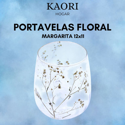 PORTAVELAS FLORAL DE VIDRIO - MARGARITA  - (12x11cm)