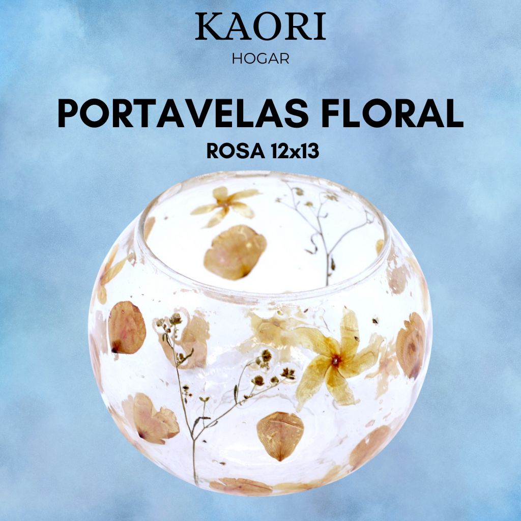 PORTAVELAS FLORAL DE VIDRIO - ROSA (12x13cm)