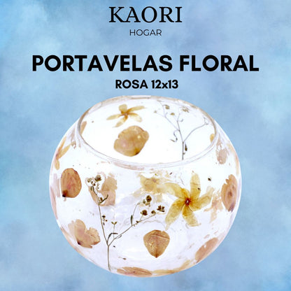 PORTAVELAS FLORAL DE VIDRIO - ROSA (12x13cm)