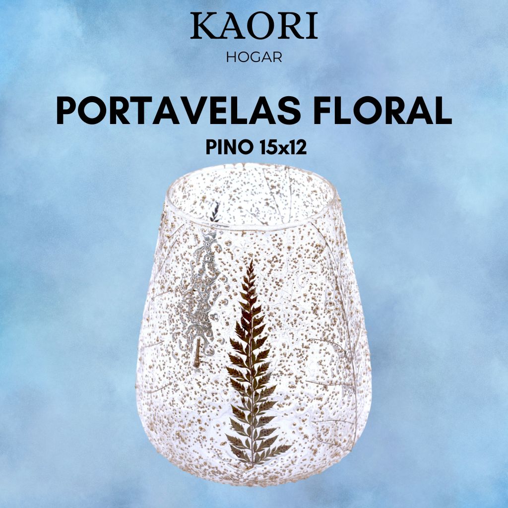 PORTAVELAS FLORAL DE VIDRIO - PINO (15x12cm)