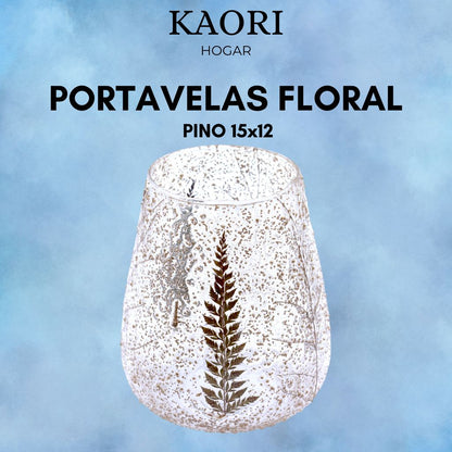 PORTAVELAS FLORAL DE VIDRIO - PINO (15x12cm)