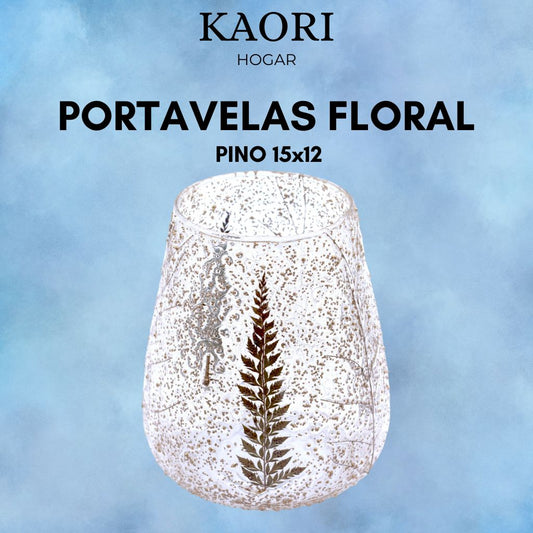 PORTAVELAS FLORAL DE VIDRIO - PINO (15x12cm)