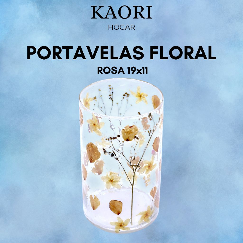 PORTAVELAS FLORAL DE VIDRIO - ROSA (19x11 cm)