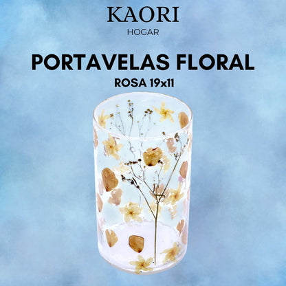 PORTAVELAS FLORAL DE VIDRIO - ROSA (19x11 cm)