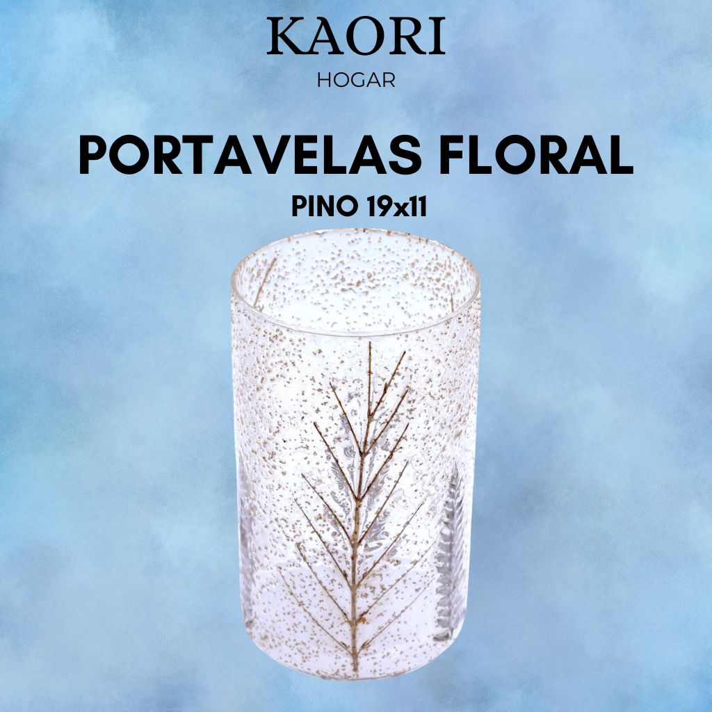 PORTAVELAS FLORAL DE VIDRIO - PINO (19x11cm)