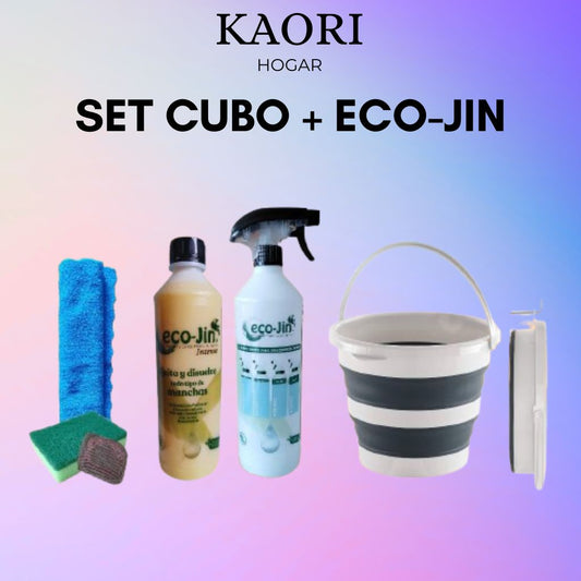 SET CUBO PLEGABLE + ECO-JIN + DIFUSOR + BAYETA MICROFIBRA + ESTROPAJO CON ESPONJA + JABONOSO