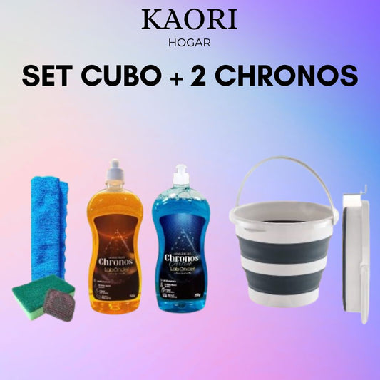 SET CUBO PLEGABLE + 2 CHRONOS + BAYETA MICROFIBRA + ESTROPAJO CON ESPONJA + JABONOSO