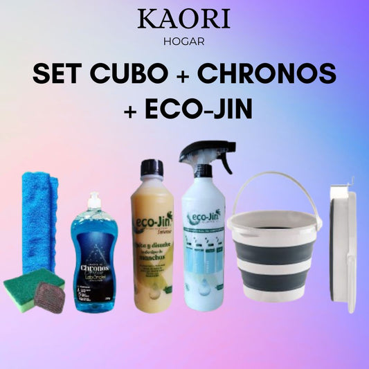 SET CUBO PLEGABLE + CHRONOS + ECO-JIN + DIFUSOR + BAYETA MICROFIBRA + ESTROPAJO CON ESPONJA + JABONOSO