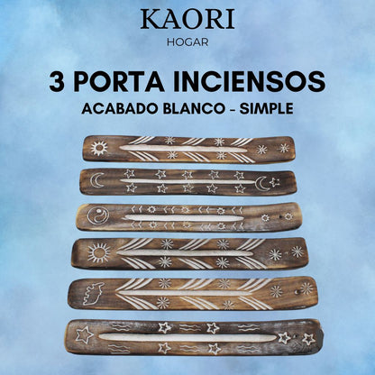 3 PORTA INCIENSOS DE MADERA DE MANGO CON ACABADO EN BLANCO - SIMPLE