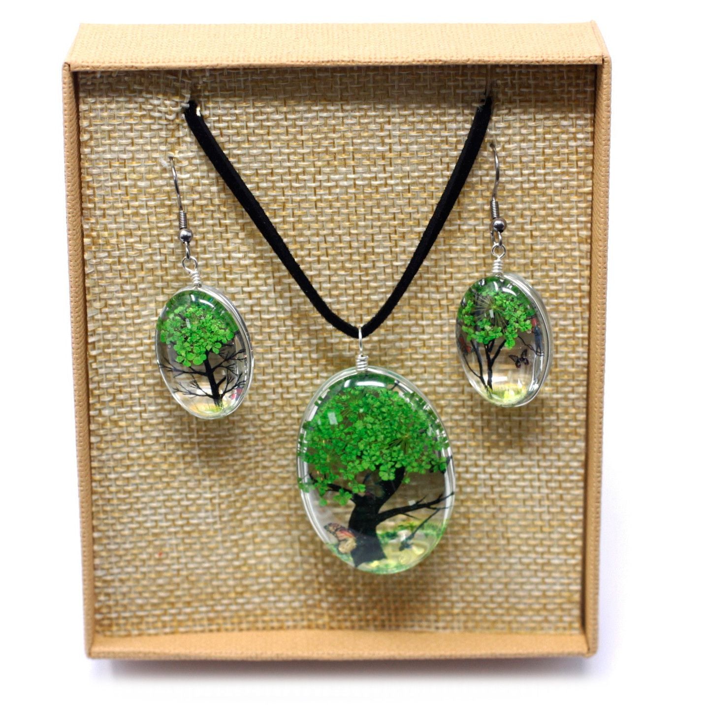 PENDIENTES Y COLLAR DE FLORES PRENSADAS - ÁRBOL DE LA VIDA VERDE
