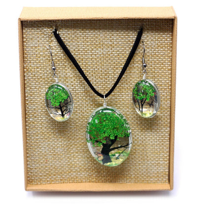 PENDIENTES Y COLLAR DE FLORES PRENSADAS - ÁRBOL DE LA VIDA VERDE