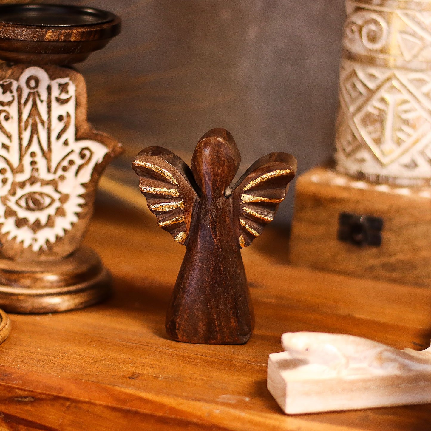 ÁNGEL DE MADERA - ALAS DORADAS 12CM