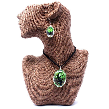 PENDIENTES Y COLLAR DE FLORES PRENSADAS - ÁRBOL DE LA VIDA VERDE