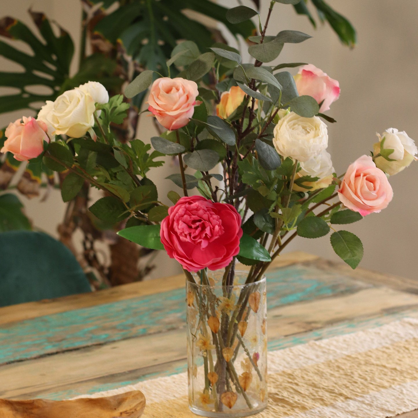 PORTAVELAS FLORAL DE VIDRIO - ROSA (19x11 cm)