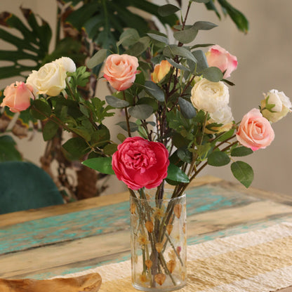 PORTAVELAS FLORAL DE VIDRIO - ROSA (19x11 cm)