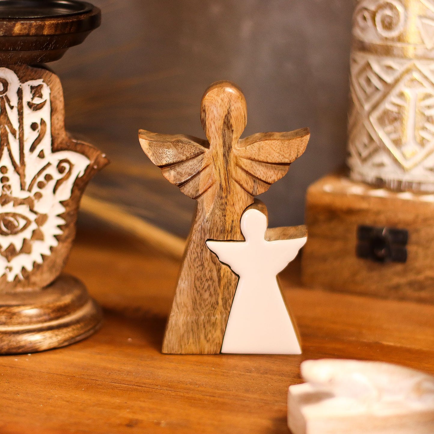 ÁNGEL DE MADERA - 2 ÁNGELES - ESMALTE BLANCO 15CM