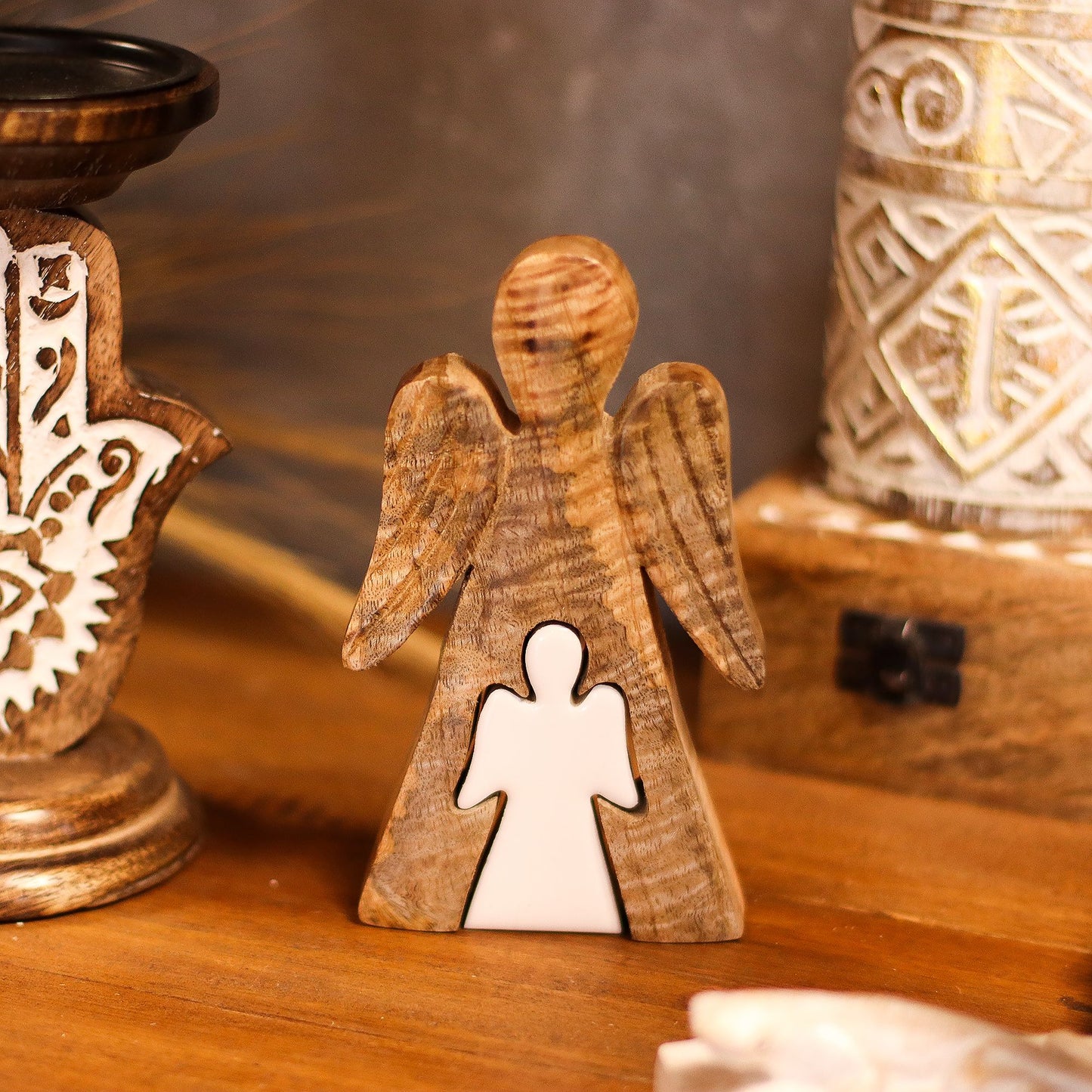 ÁNGEL DE MADERA - ÁNGEL DENTRO DE ÁNGEL - ESMALTE BLANCO 15CM