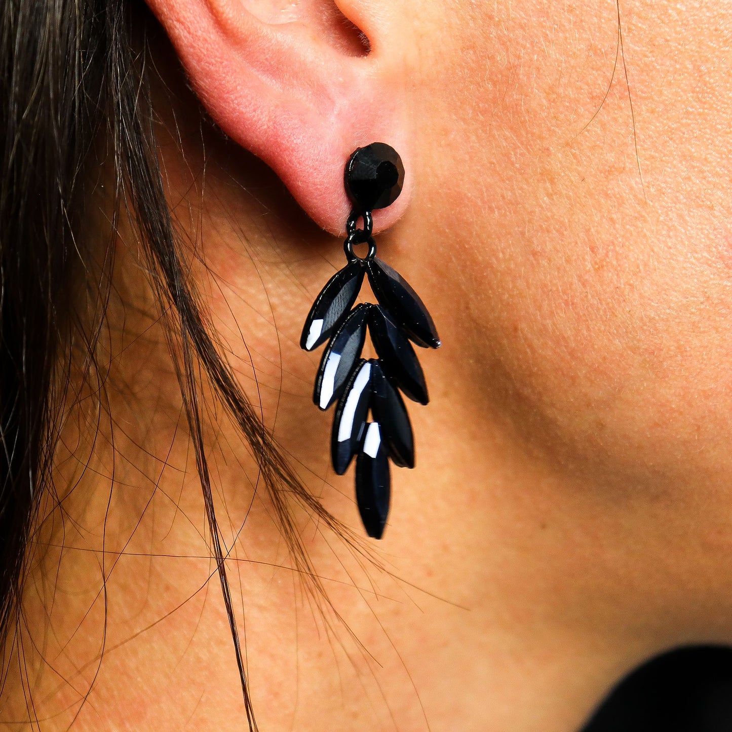PENDIENTES DE CRISTAL VINTAGE - LARGO -  NEGRO AZABACHE