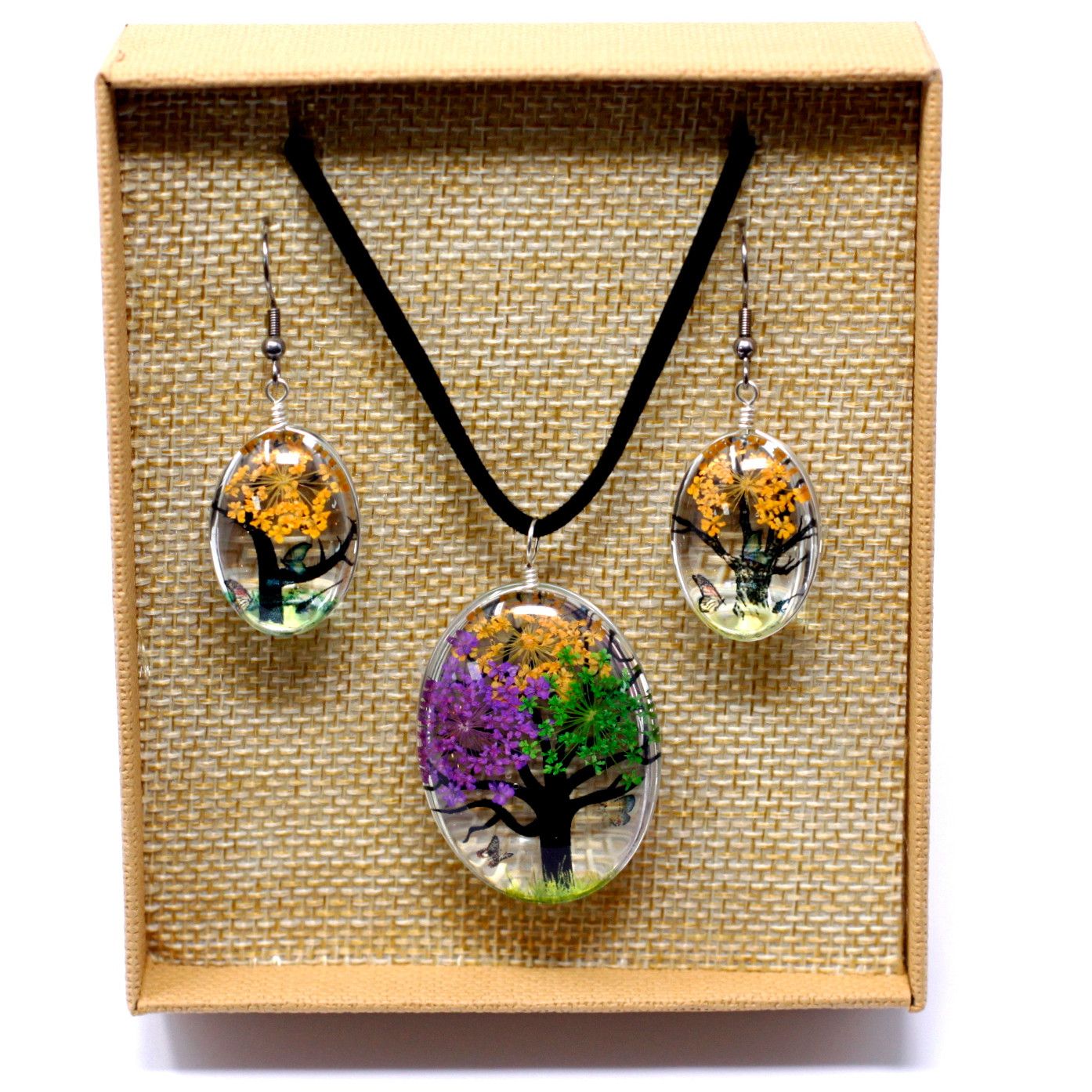 PENDIENTES Y COLLAR DE FLORES PRENSADAS - ÁRBOL DE LA VIDA COLORES MEZCLADOS